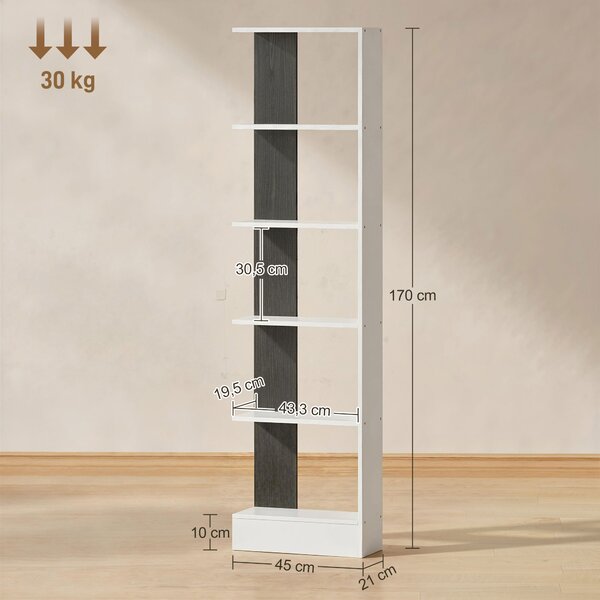 HOMCOM Libreria Moderna Salvaspazio a 5 Ripiani in Legno 45x21x170 cm, Bianco e Nero | Aosom Italy