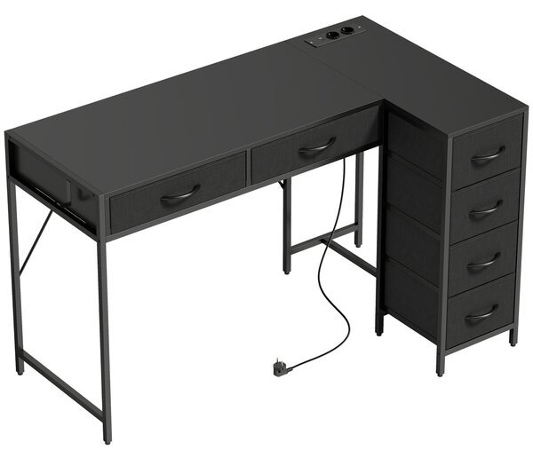 HOMCOM Scrivania Angolare a 6 Cassetti con Gancio Laterale e Prese Integrate, in Legno e Acciaio, 126x48x80 cm, Nero | Aosom Italy