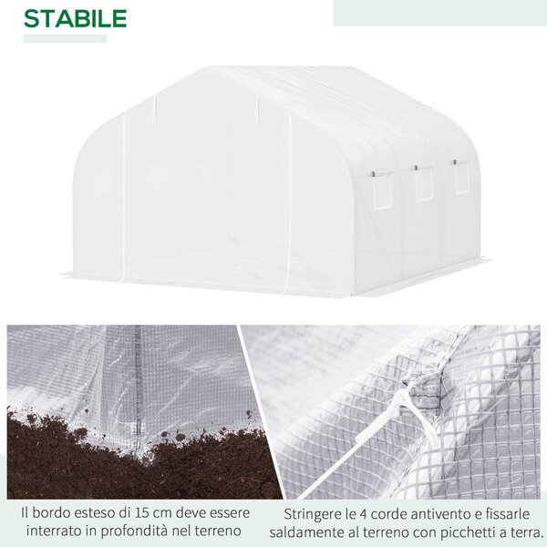 Outsunny Serra per Orto a Tunnel con 6 Finestre e Porta Avvolgibile, Serra da Giardino a Tunnel in PE con Tubi in Metallo, per Piante e Frutto, 4.5x3m, Bianco