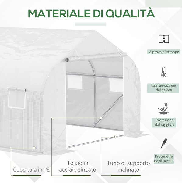 Outsunny Serra per Orto a Tunnel con 6 Finestre e Porta Avvolgibile, Serra da Giardino a Tunnel in PE con Tubi in Metallo, per Piante e Frutto, 4.5x3m, Bianco