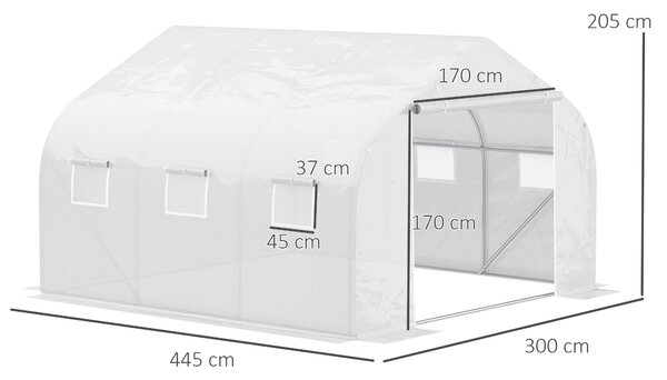 Outsunny Serra per Orto a Tunnel con 6 Finestre e Porta Avvolgibile, Serra da Giardino a Tunnel in PE con Tubi in Metallo, per Piante e Frutto, 4.5x3m, Bianco