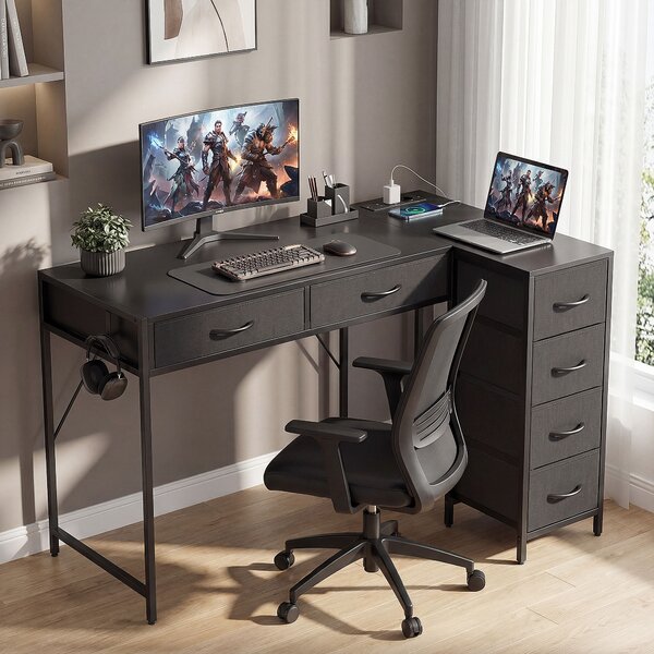 HOMCOM Scrivania Angolare a 6 Cassetti con Gancio Laterale e Prese Integrate, in Legno e Acciaio, 126x48x80 cm, Nero | Aosom Italy