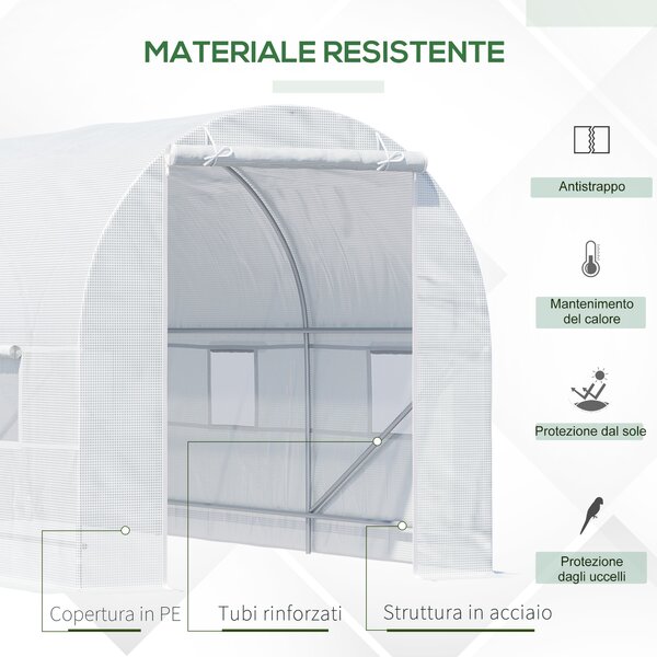 Outsunny Serra da Giardino a Tunnel Per Piante in PE con Tubi in Ferro, 450 x 200 x 200cm Bianco|Aosom