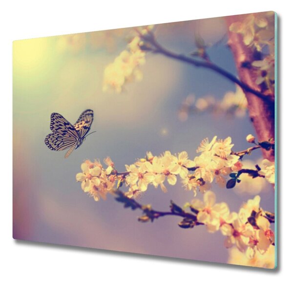 Tagliere in vetro Fiore di ciliegia e farfalla 60x52 cm