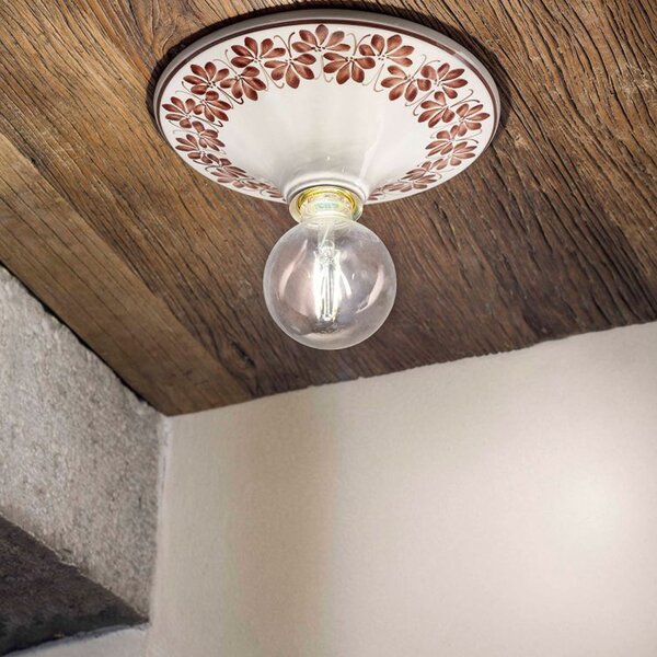 Plafoniera Grande Classica Trieste Bianco Decorato Filo Marrone 1 Luce E27