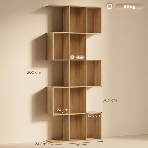 HOMCOM Libreria Scaffale a 5 Ripiani in Legno a Forma di S, Libreria Verticale Salvaspazio con 15 Compartimenti, Rovere | Aosom Italy
