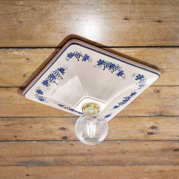 Plafoniera Quadrata Classica Trieste Bianco Decorato Filo Blu 1 Luce E27