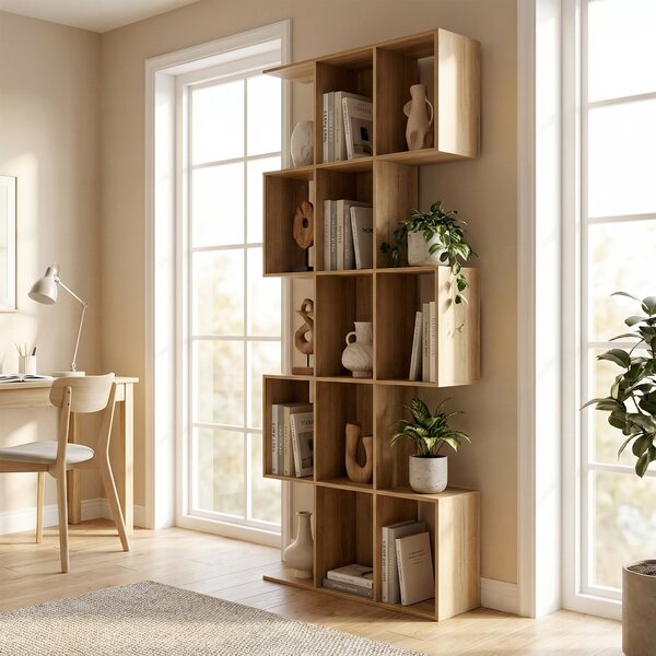 HOMCOM Libreria Scaffale a 5 Ripiani in Legno a Forma di S, Libreria Verticale Salvaspazio con 15 Compartimenti, Rovere | Aosom Italy