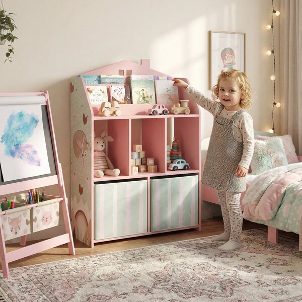AIYAPLAY Scaffale Portagiochi Bambini in Legno FSC, 2 Contenitori Rimovibili in Tessuto e Ripiani, per Cameretta, Rosa | Aosom Italy