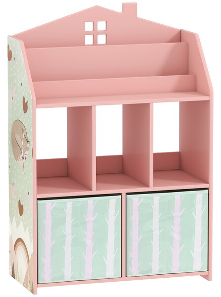 AIYAPLAY Scaffale Portagiochi Bambini in Legno FSC, 2 Contenitori Rimovibili in Tessuto e Ripiani, per Cameretta, Rosa | Aosom Italy