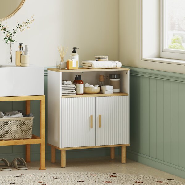 HOMCOM Mobile Bagno Autoportante con Ripiano Regolabile, Bianco e Legno Naturale | Aosom Italy