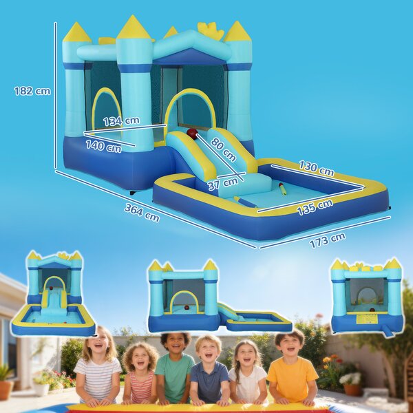 AIYAPLAY Castello Gonfiabile per Bambini 4 in 1, Scivolo, Trampolino, Piscina Palline/Acqua, Canestro, 3-8 Anni, Blu | Aosom Italy