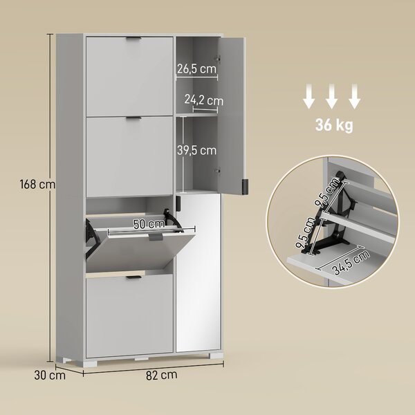 HOMCOM Scarpiera con Specchio, 4 Cassetti Ribalta, Scarpiera Ingresso, Grigio | Aosom Italy