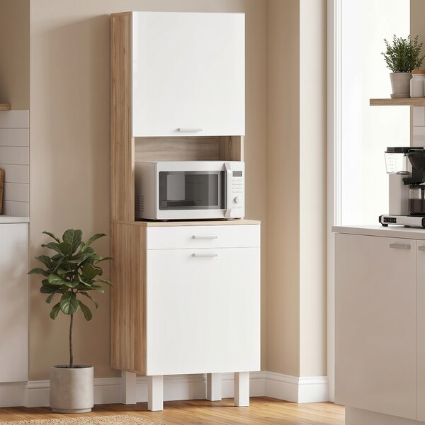 HOMCOM Buffet da cucina con Cassetto e Ripiani, Credenza alta con 2 ante e piano di lavoro, 55x40x174 cm, bianco e legno naturale | Aosom Italy