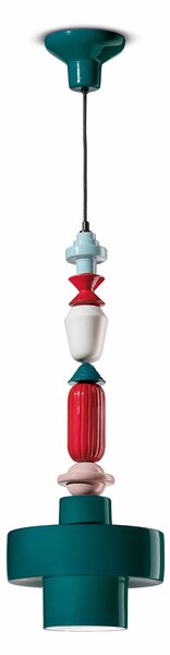 Sospensione Media Tonda Vintage Decò Lariat Ceramica Verde Petrolio 1 Luce E27