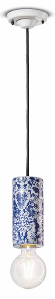 Sospensione Media Vintage Decò Pi Ceramica Ming Blu 1 Luce E27