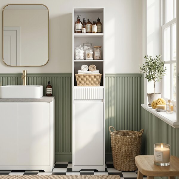 HOMCOM Mobile da Bagno Alto con 3 Ripiani Aperti, 1 Cassetto e 1 Armadietto Regolabile, 33x30x172 cm, Bianco | Aosom Italy