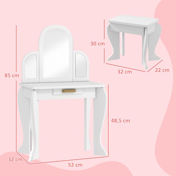 HOMCOM Tavolo per Trucco per Bambine 3-6 Anni con Sgabello, Cassetti e Specchio Coordinato in Acrilico, Bianco | Aosom Italy