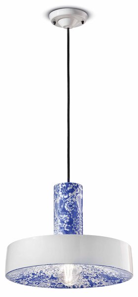 Sospensione Grande Vintage Decò Pi Ceramica Ming Blu 1 Luce E27