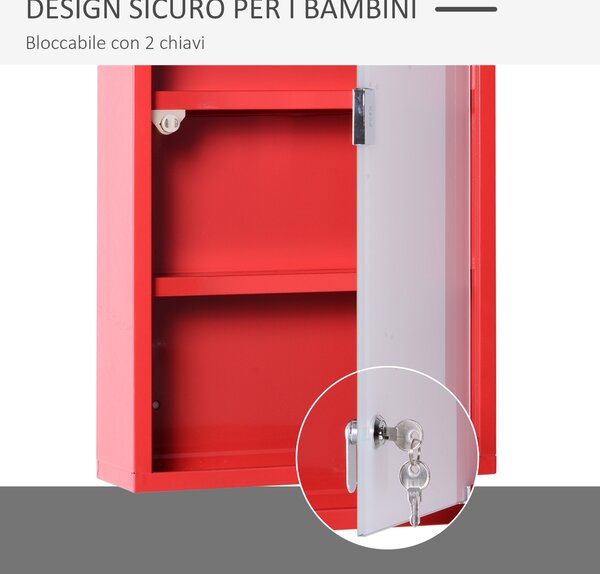 HOMCOM Armadietto Medicinali 4 Livelli Porta in Vetro, Incluse 2 chiavi, 60×30×12cm Rosso|Aosom Italy