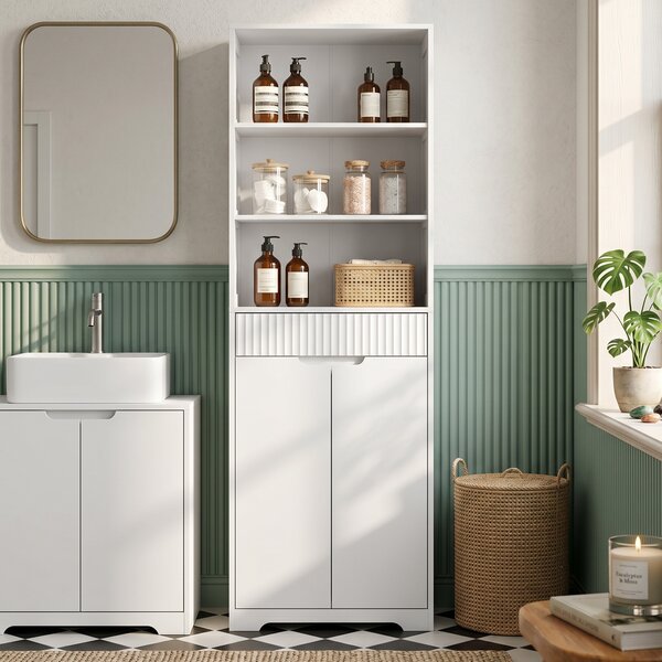 HOMCOM Mobile Bagno Alto, Armadietto Stretto, 3 Ripiani Aperti, Cassetto, Bianco | Aosom Italy
