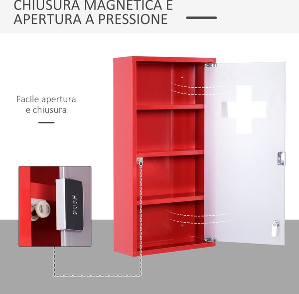 HOMCOM Armadietto Medicinali 4 Livelli Porta in Vetro, Incluse 2 chiavi, 60×30×12cm Rosso|Aosom Italy