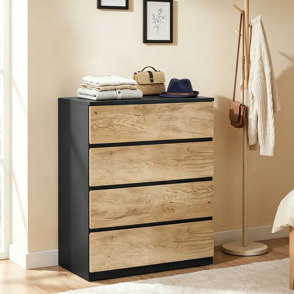 HOMCOM Cassettiera 4 Cassetti in Legno con Guide in Metallo e Maniglie Scanalate, 60x40x80 cm, Nero e Rovere | Aosom Italy