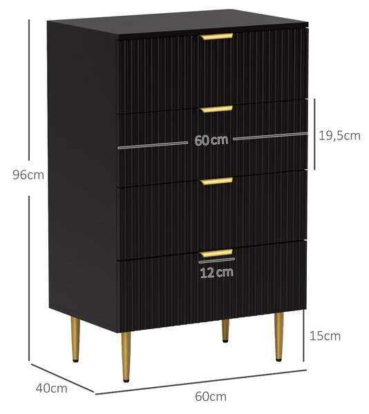 HOMCOM Cassettiera da 4 Cassetti Moderna, Comò con Maniglie Dorate e Dispositivo Antiribaltamento, 60x40x96 cm, Nero | Aosom Italy