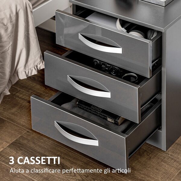 HOMCOM Set 2 Comodini Moderni con 3 Cassetti e Maniglie in Metallo, Comodini di Design in Legno, 40x36x56 cm, Grigio | Aosom Italy