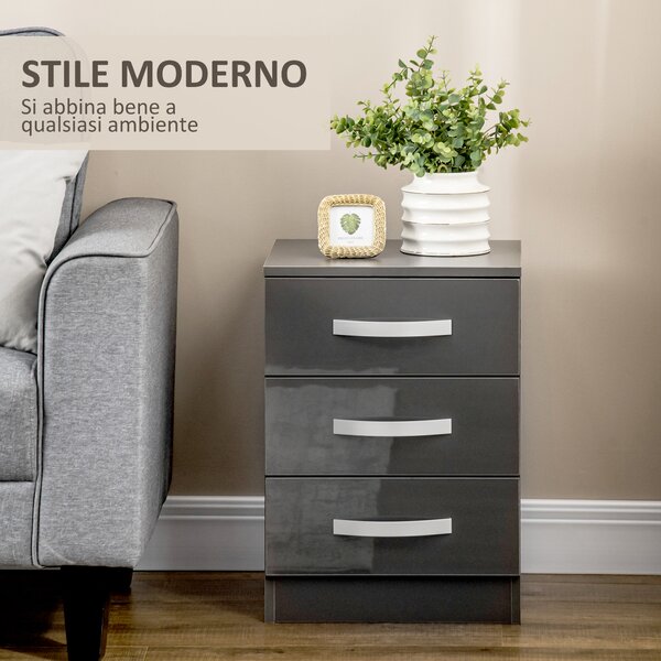 HOMCOM Set 2 Comodini Moderni con 3 Cassetti e Maniglie in Metallo, Comodini di Design in Legno, 40x36x56 cm, Grigio | Aosom Italy