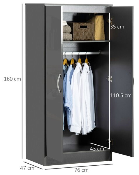 HOMCOM Guardaroba a 2 Ante in Pannelli di Truciolato con Asta, Design Antiribaltamento, 76x47x160 cm, Grigio|Aosom
