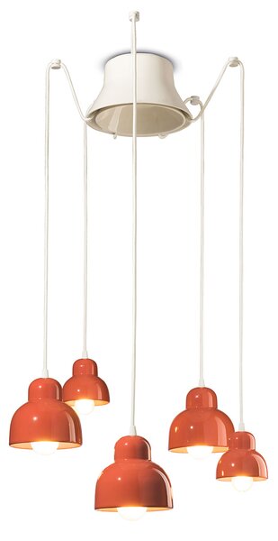Lampadario Vintage Decò Berimbau Ceramica Arancio Pokè 3 Luci E27