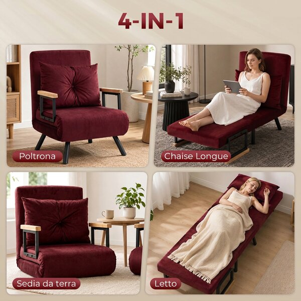 HOMCOM Poltrona Letto Imbottita 3 in 1 con Schienale Reclinabile in 5 Posizioni e Cuscino, 63x73x81 cm, Rosso Vino | Aosom Italy