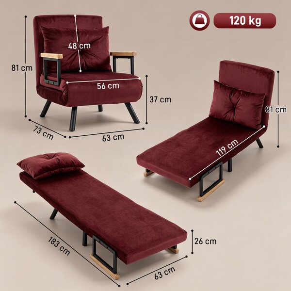HOMCOM Poltrona Letto Imbottita 3 in 1 con Schienale Reclinabile in 5 Posizioni e Cuscino, 63x73x81 cm, Rosso Vino | Aosom Italy