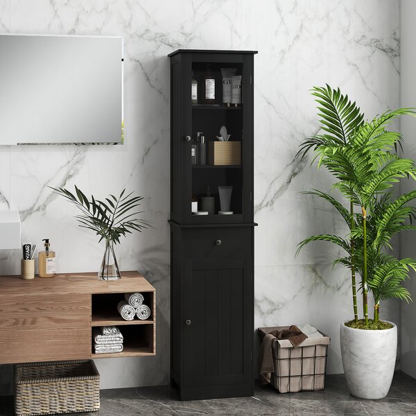 Kleankin Mobile Colonna Bagno Salvaspazio con Armadietto, Cassetto e Ripiani in MDF, 40x27x171.5cm, Nero | Aosom Italy