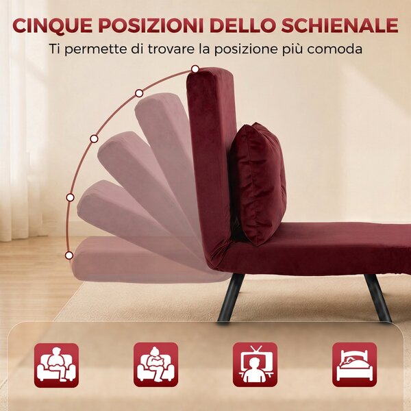 HOMCOM Poltrona Letto Imbottita 3 in 1 con Schienale Reclinabile in 5 Posizioni e Cuscino, 63x73x81 cm, Rosso Vino | Aosom Italy