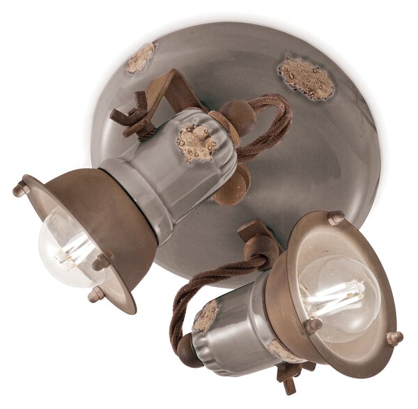 Plafoniera Vintage Loft Ferro E Ceramica Tortora 2 Luci E14
