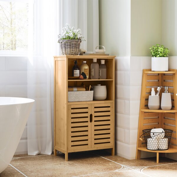 Kleankin Mobiletto Bagno Salvaspazio in Legno con Armadietto, 2 Ante e 2 Ripiani Aperti, 50x29x92 cm | Aosom Italy