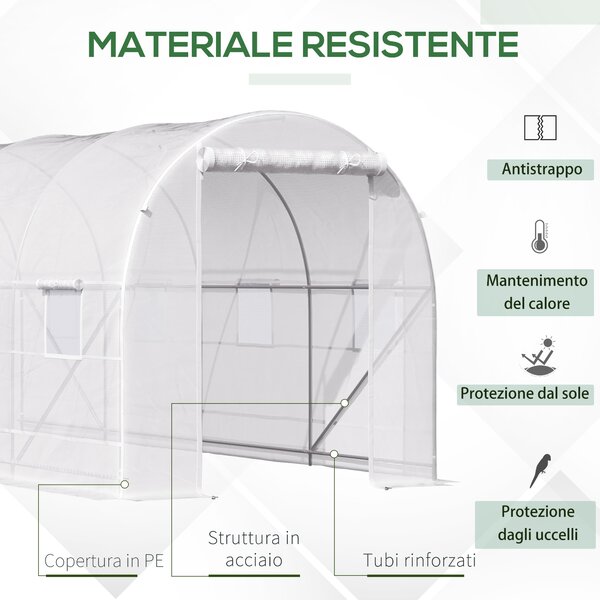 Outsunny Serra da Giardino a Tunnel 5x2x2m con Struttura in Acciaio e Telo in Polietilene, Bianco|Aosom
