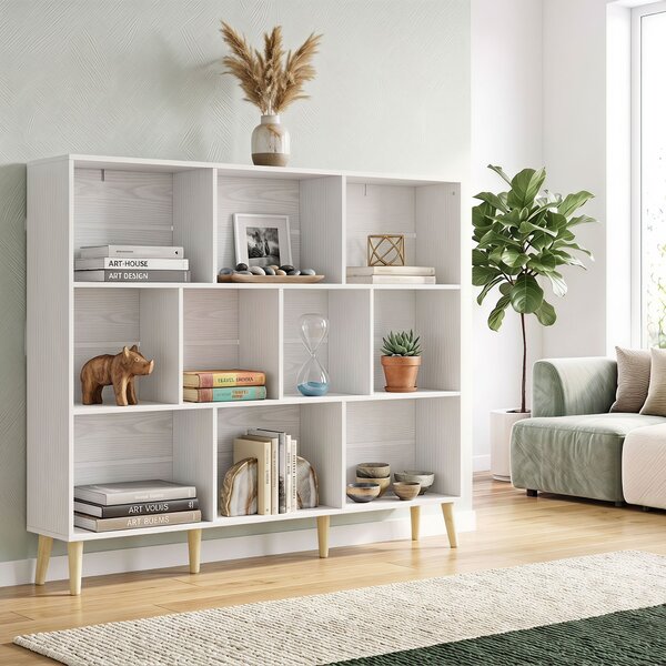 HOMCOM Libreria a 10 cubi con 3 ripiani e gambe in legno massello, bianco effetto legno | Aosom Italy