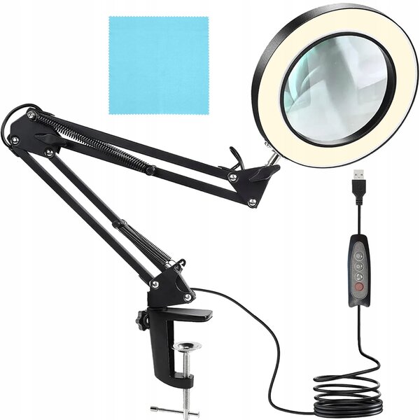 Lampada da tavolo rotonda mobile USB 32 LED nera + lente d'ingrandimento