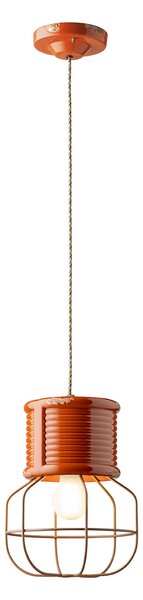 Lampadario Industrial Ferro E Ceramica Con Rete Vintage Arancio 1 Luce E27