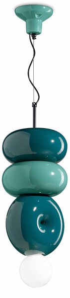 Sospensione Vintage Decò Bumbum 2+1 Elementi Ceramica Turchese Verde 1 Luce E27