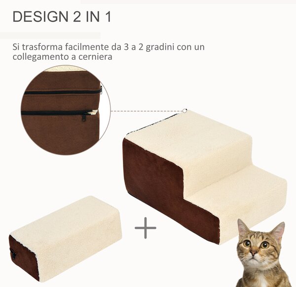 PawHut Scala per Cani e Cuccioli | 3 Gradini Rimovibili e Antiscivolo | Per Divano o Letto | Beige e Marrone | 54x40x39cm|Aosom