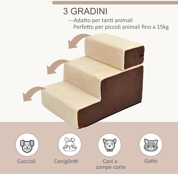 PawHut Scala per Cani e Cuccioli | 3 Gradini Rimovibili e Antiscivolo | Per Divano o Letto | Beige e Marrone | 54x40x39cm|Aosom