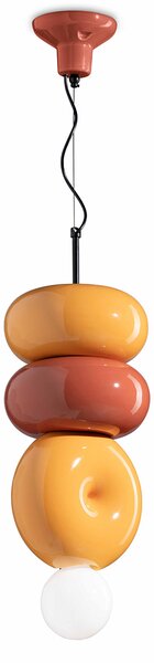 Sospensione Vintage Decò Bumbum 2+1 Elementi Ceramica Gialla Arancio 1 Luce E27