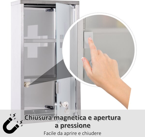 HOMCOM armadietto medicinali, Pronto Soccorso Cassetta Medicine in Acciaio Porta in Vetro e 2 Chiavi|Aosom