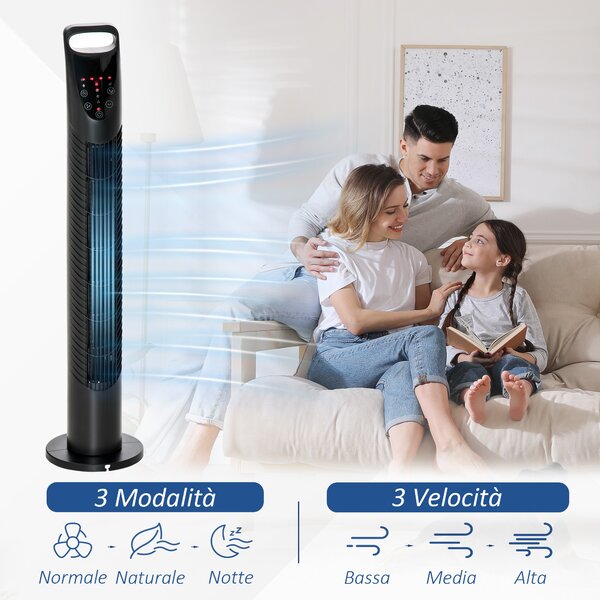 HOMCOM Ventilatore a Torre Oscillante con Telecomando fino a 5m | 3 Livelli Velocità | Silenzioso | Ф18 x 78.5A cm, Nero|Aosom