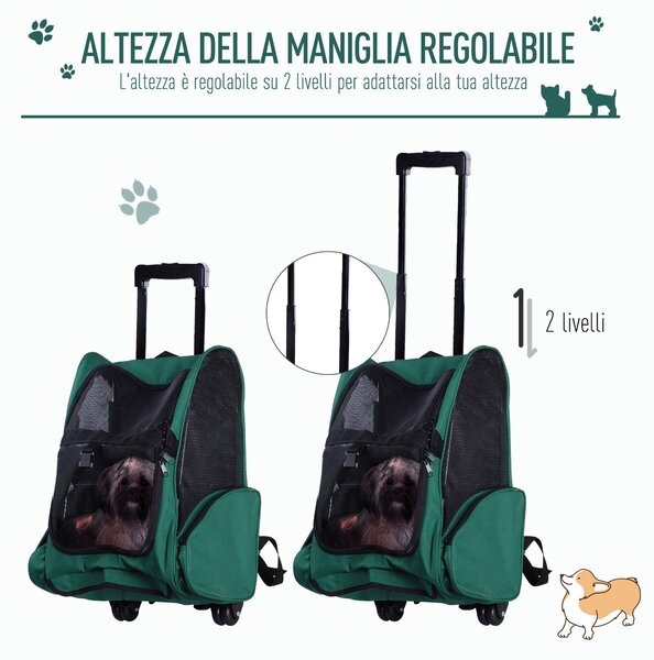 PawHut Trasportino Zaino 2 in 1 per Cani e Gatti con Tasche Laterali, Maniglia Telescopica e Ruote, 42x25x55cm, Verde|Aosom
