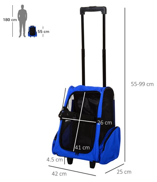 PawHut Trasportino Zaino 2 in 1 per Cani e Gatti con Tasche Laterali, Maniglia Telescopica e Ruote, 42x25x55cm, Blu|Aosom